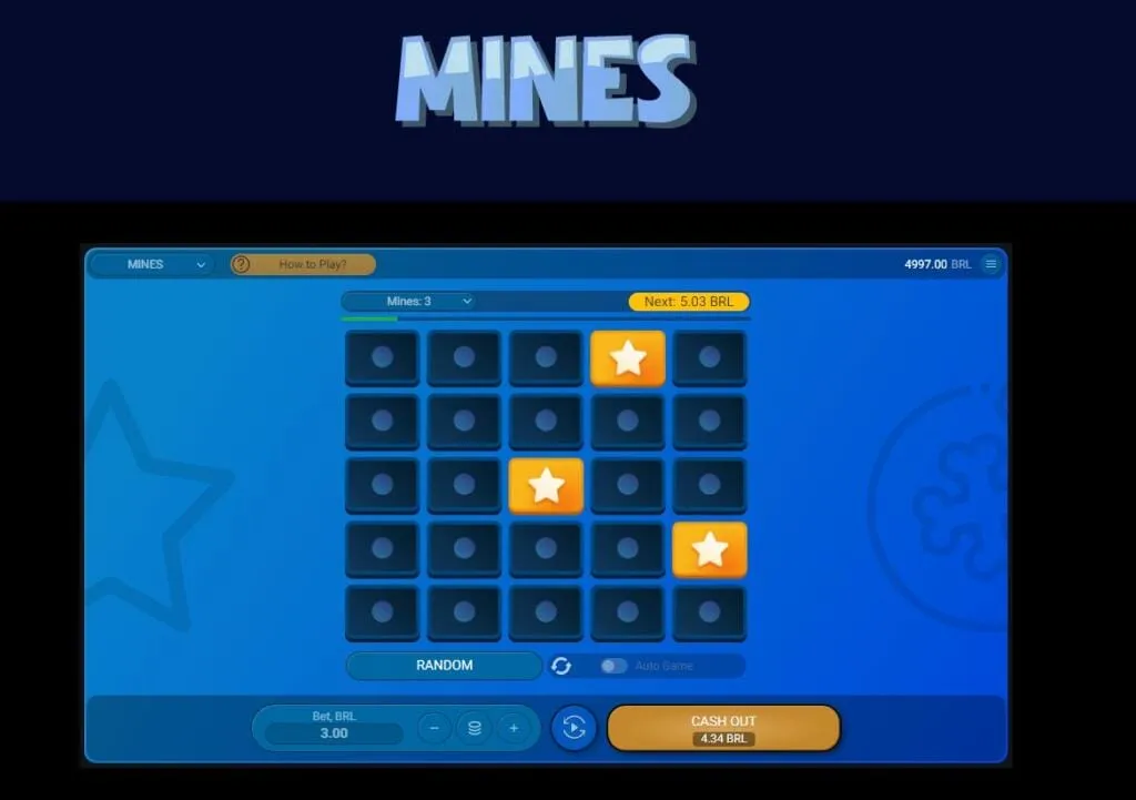 Gameplay do Jogo Mines abrindo estrelas